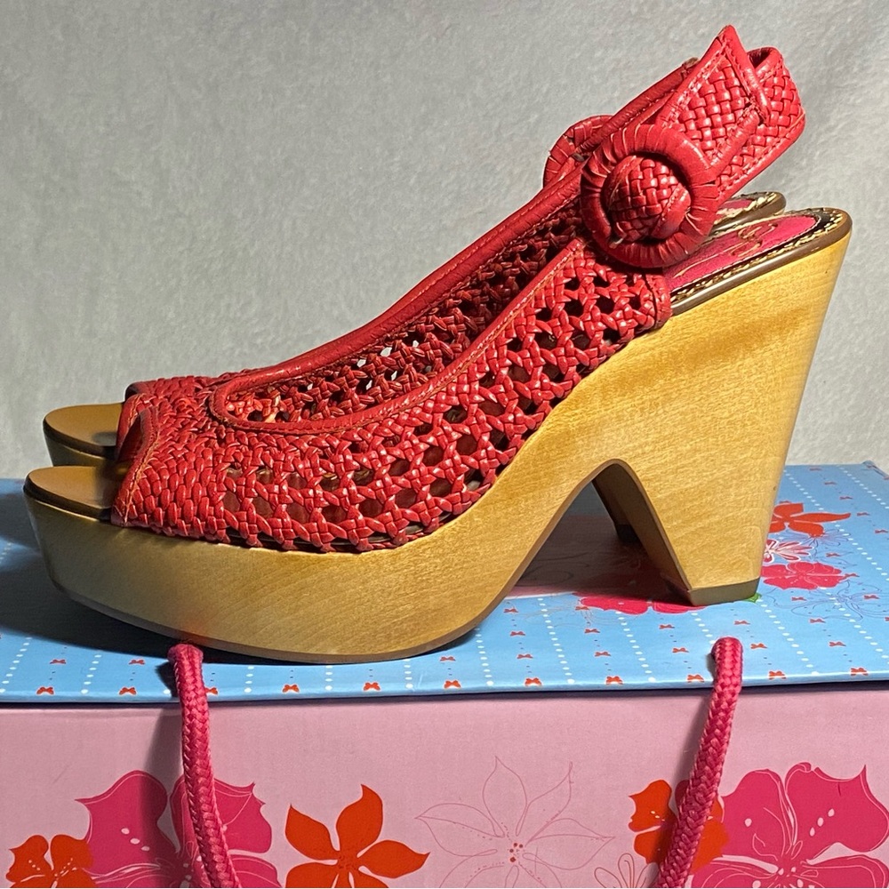 IC Poetic License platform sling back peep toe sandal,dark pink basketweave,US 7 - Picture 2 of 13